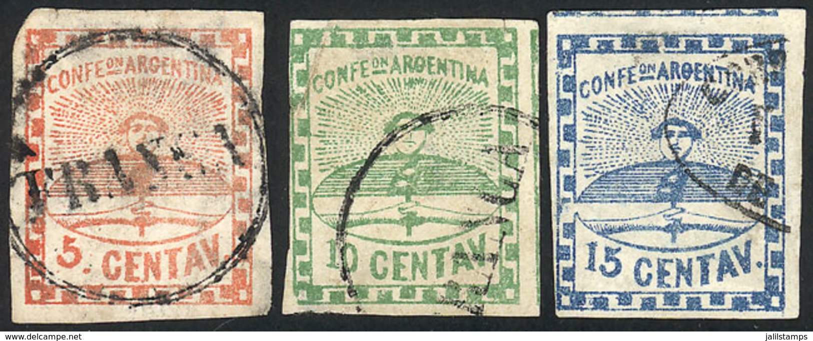 ARGENTINA: GJ.1/3, Small Figures, The Complete Set Of 3 Used Values, With Genuine Cancels Of Concordia (5c. And 10c.) An - Gebraucht