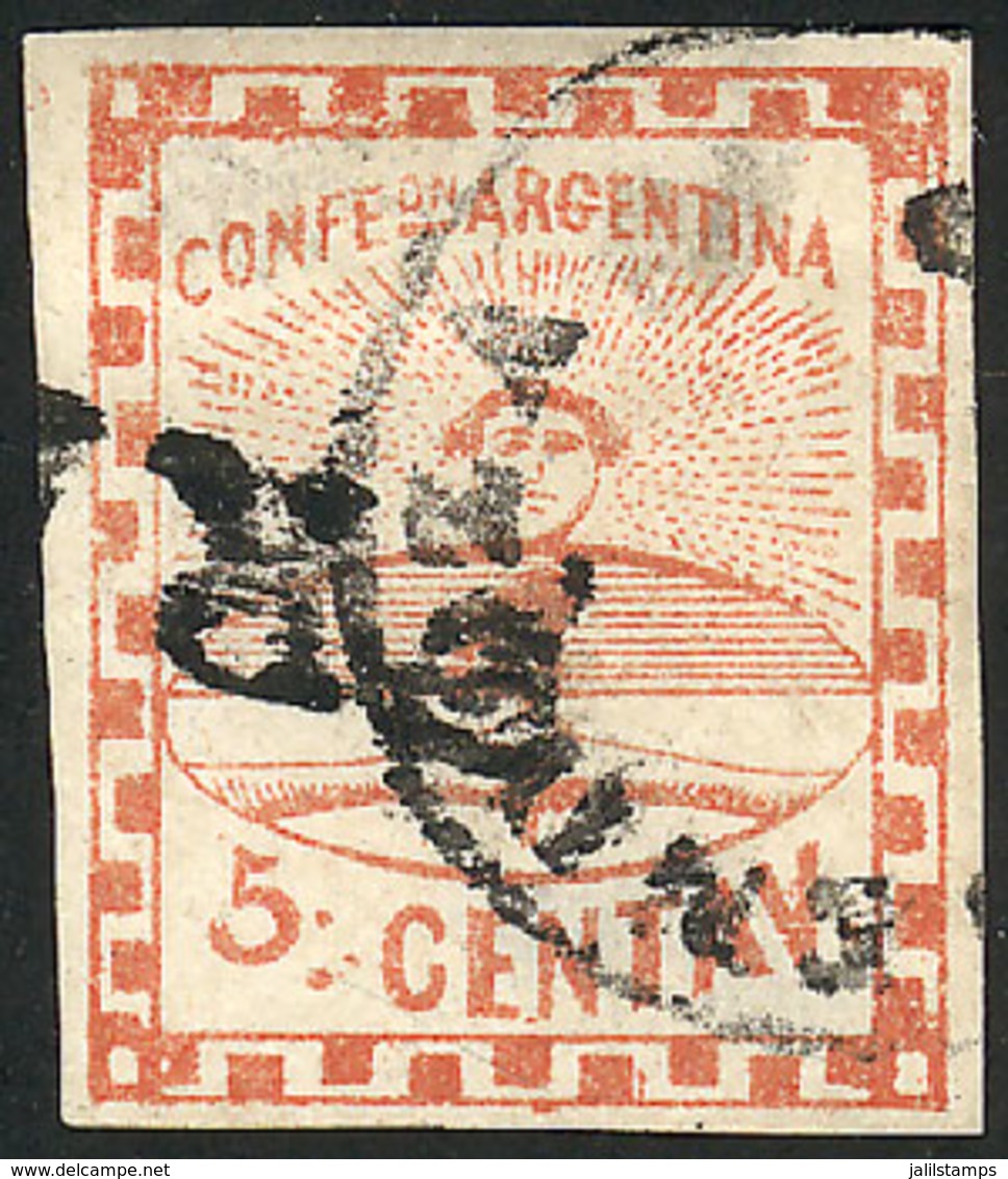 ARGENTINA: GJ.1, 5c. Small Figures, With Double Cancellation: FRANCA And MENDOZA In Circle (rare), Signed By Alberto Sol - Used Stamps