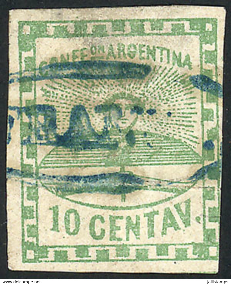 ARGENTINA: GJ.2, 10c. Green, With FRANCA Cancel Of San Luis In Green-blue (+450%), Small Defect On Back, Excellent Front - Usados