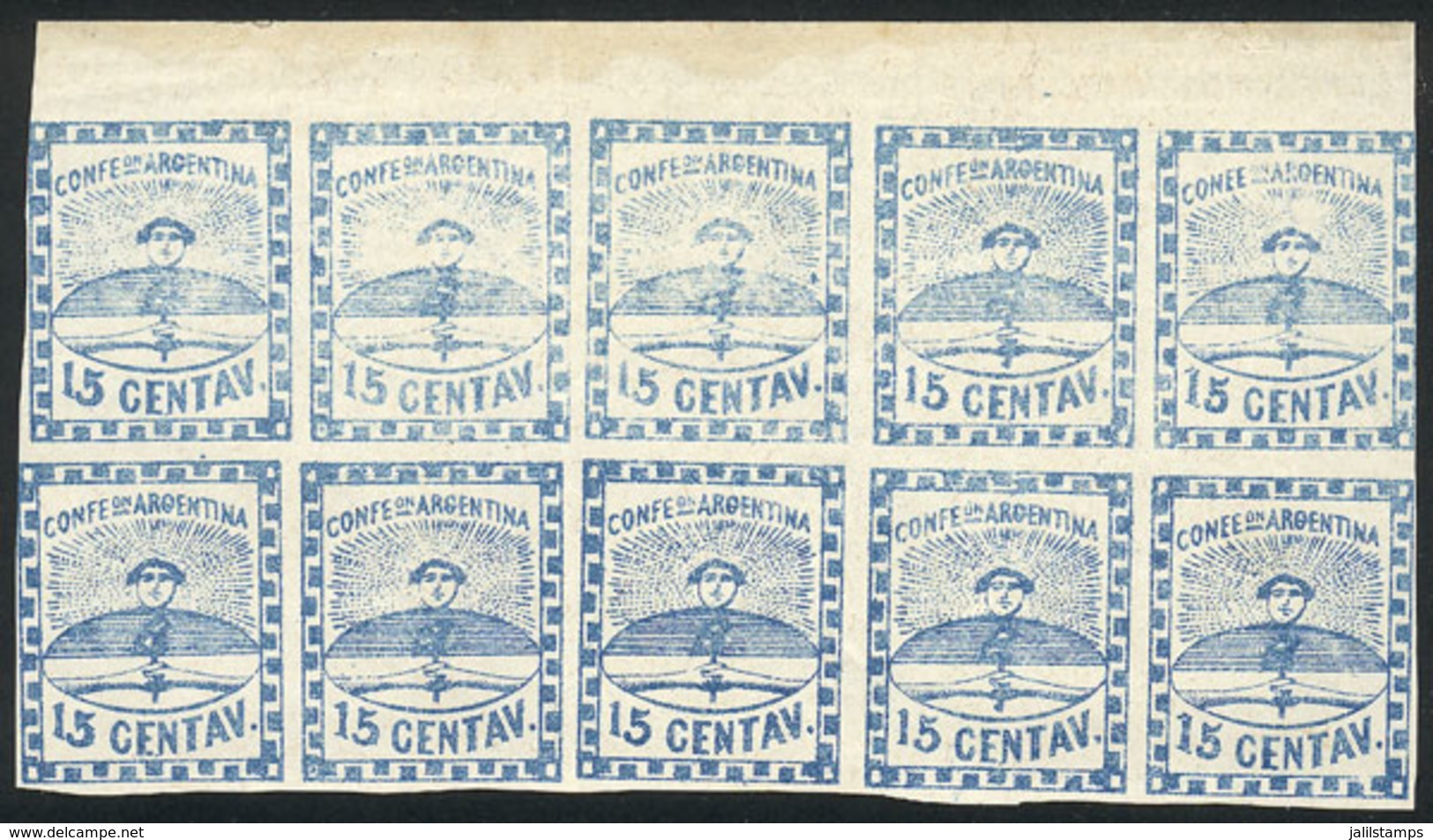 ARGENTINA: GJ.3, 15c. Blue, Small Figures, Beautiful Block Of 10 Stamps, MNH (one With Tiny Hinge Mark), With VARIETY: I - Usati