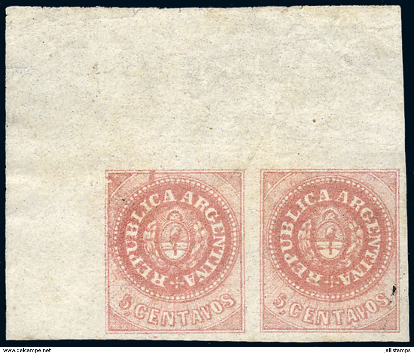 ARGENTINA: GJ.10, 5c. Without Accent, Corner Pair (position 1 And 2), With Variety: The Left Stamp With Spot Above The C - Andere & Zonder Classificatie