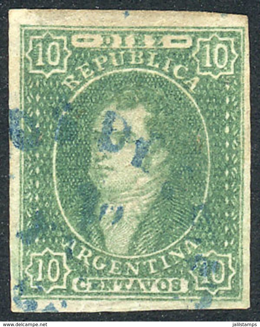 ARGENTINA: GJ.17, 1864 Rivadavia 10c. Imperforate Of 1st Printing, 4 Ample Margins, Blue Datestamp Of PARANÁ, Light Thin - Other & Unclassified