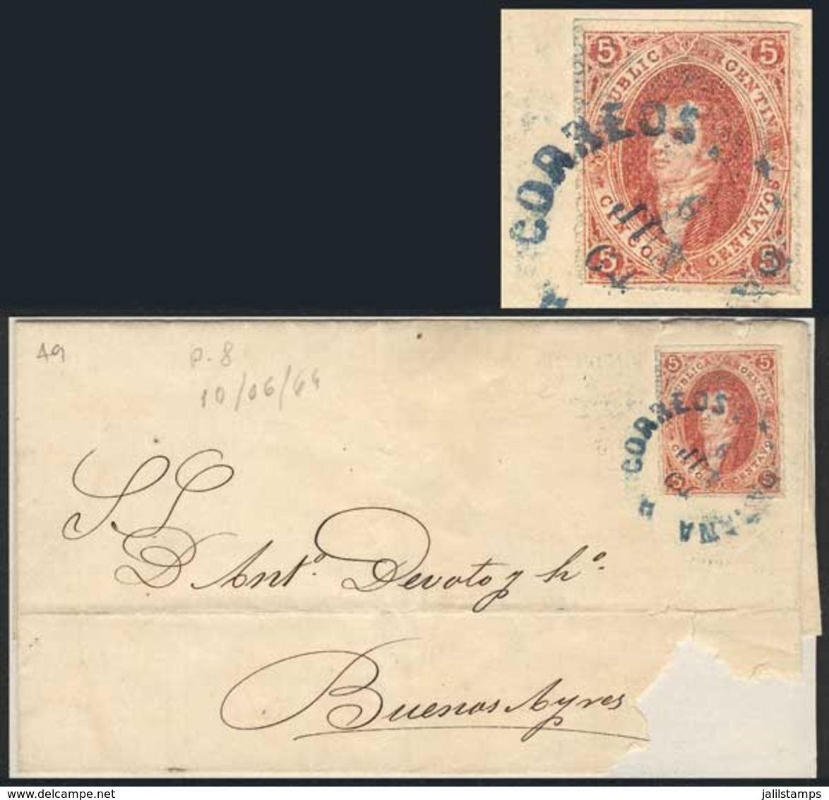 ARGENTINA: GJ.19l, 1864 5c. First Printing IMPERFORATE HORIZONTALLY Variety, On A Folded Cover (with Defects) Sent From  - Autres & Non Classés