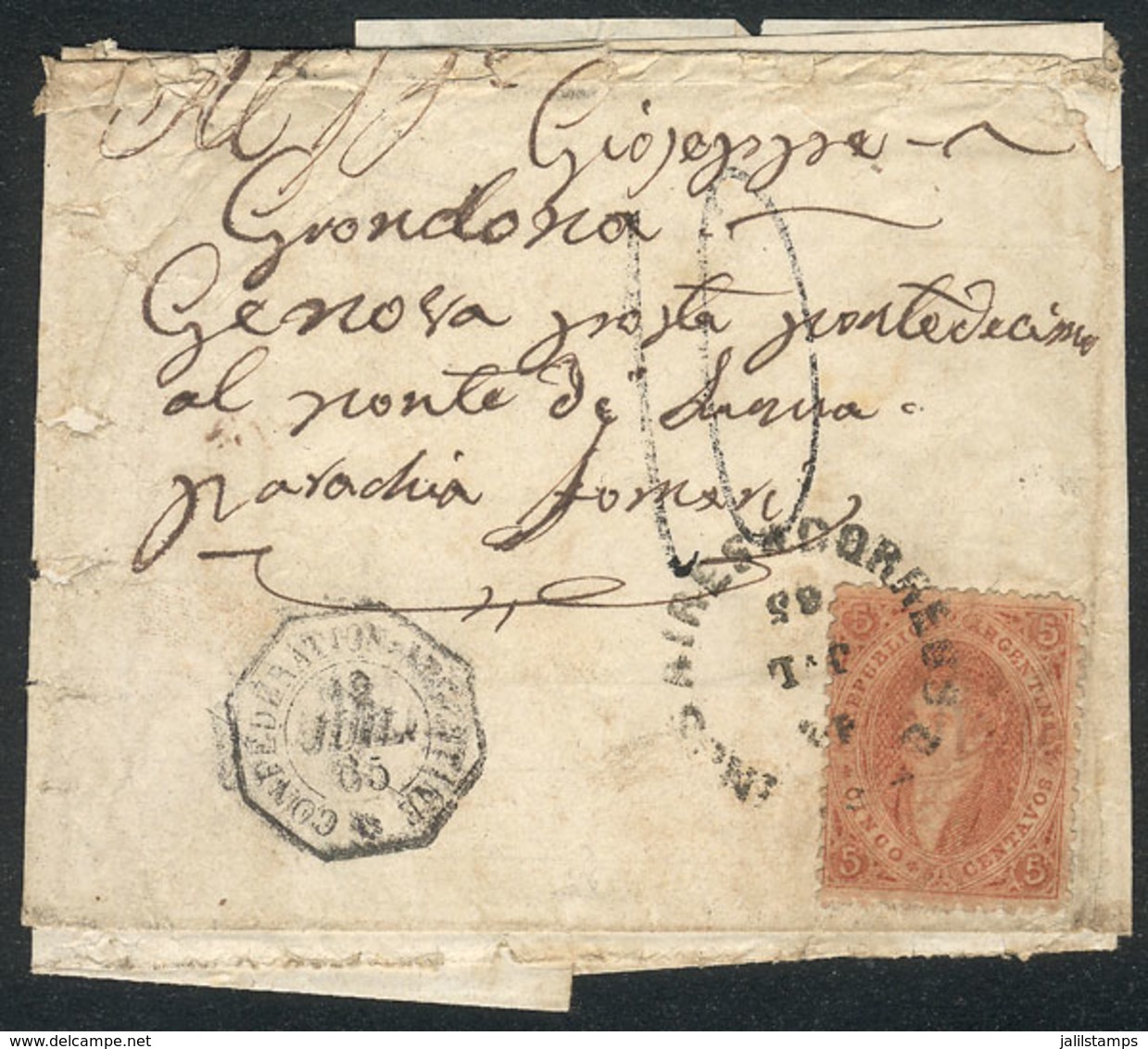 ARGENTINA: GJ.20, 3rd Printing, Franking A Folded Cover Sent From Buenos Aires To Italy On 12/JUL/1865 By French Paquebo - Autres & Non Classés