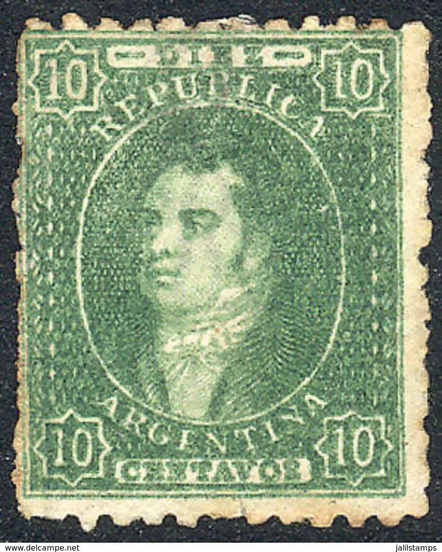 ARGENTINA: GJ.23, 10c. Yellow-green, Worn Impression, Mint Part ORIGINAL GUM, Vertical Line Watermark (left Sheet Margin - Autres & Non Classés