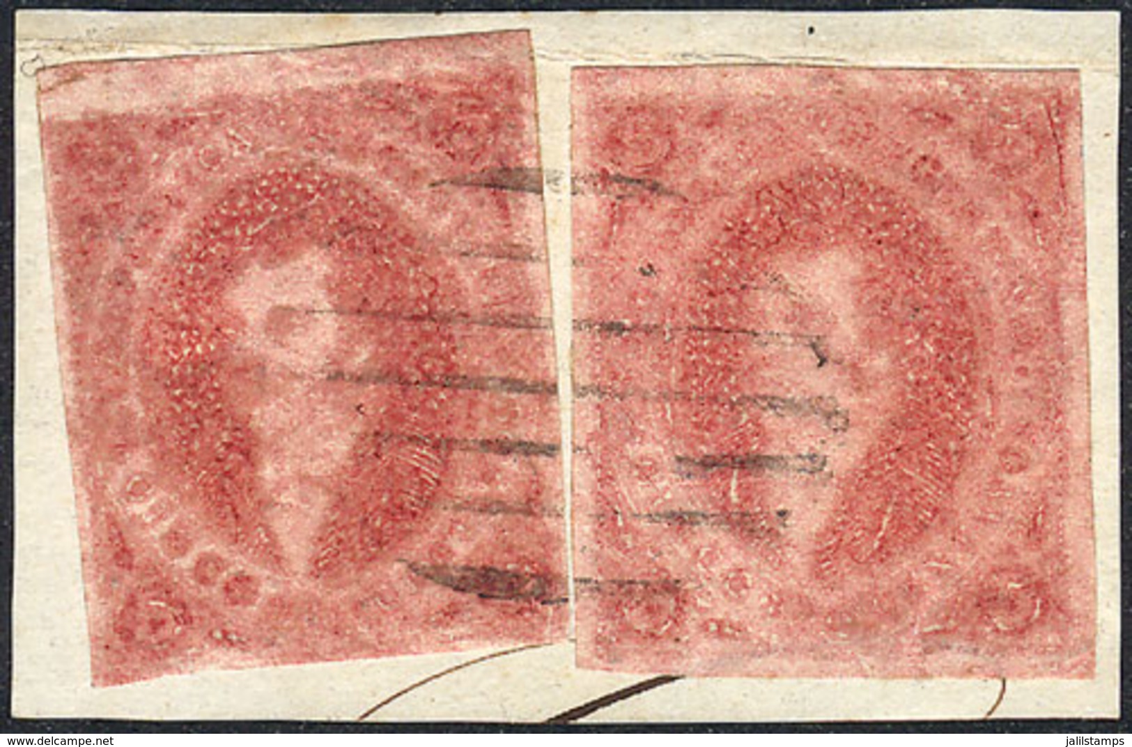 ARGENTINA: GJ.34, 8th Printing, 2 Examples On Fragment With The Scarce "ellipse Of 9 Bars" Cancel Of GOYA (+50%), Superb - Other & Unclassified