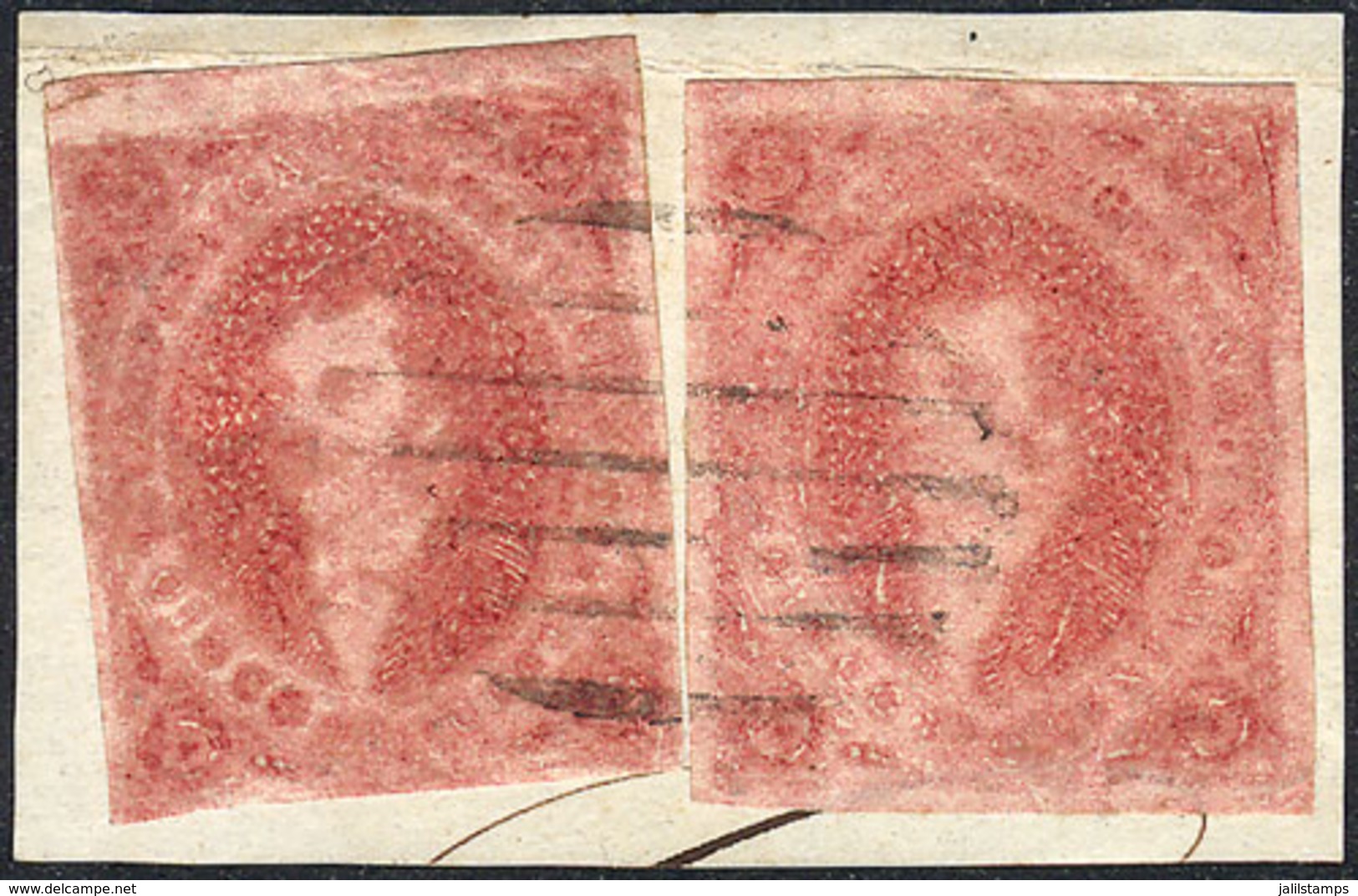 ARGENTINA: GJ.34, 8th Printing, 2 Examples On Fragment With The Scarce "ellipse Of 9 Bars" Cancel Of GOYA (+50%), Superb - Sonstige & Ohne Zuordnung