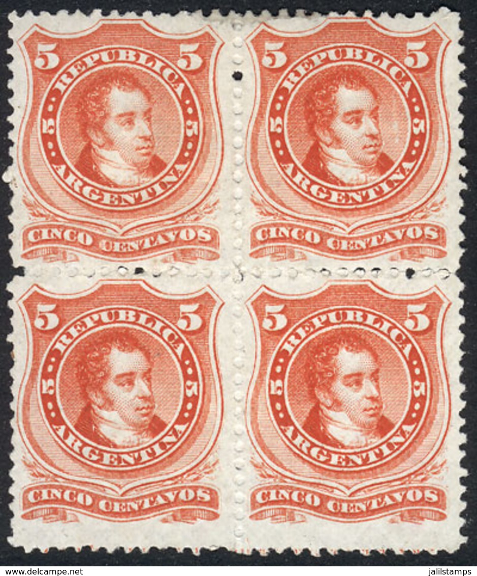 ARGENTINA: GJ.38, 1867 5c. Rivadavia With Groundwork Of Crossed Lines, Mint BLOCK OF 4 Of Very Fine Quality, Good Opport - Otros & Sin Clasificación