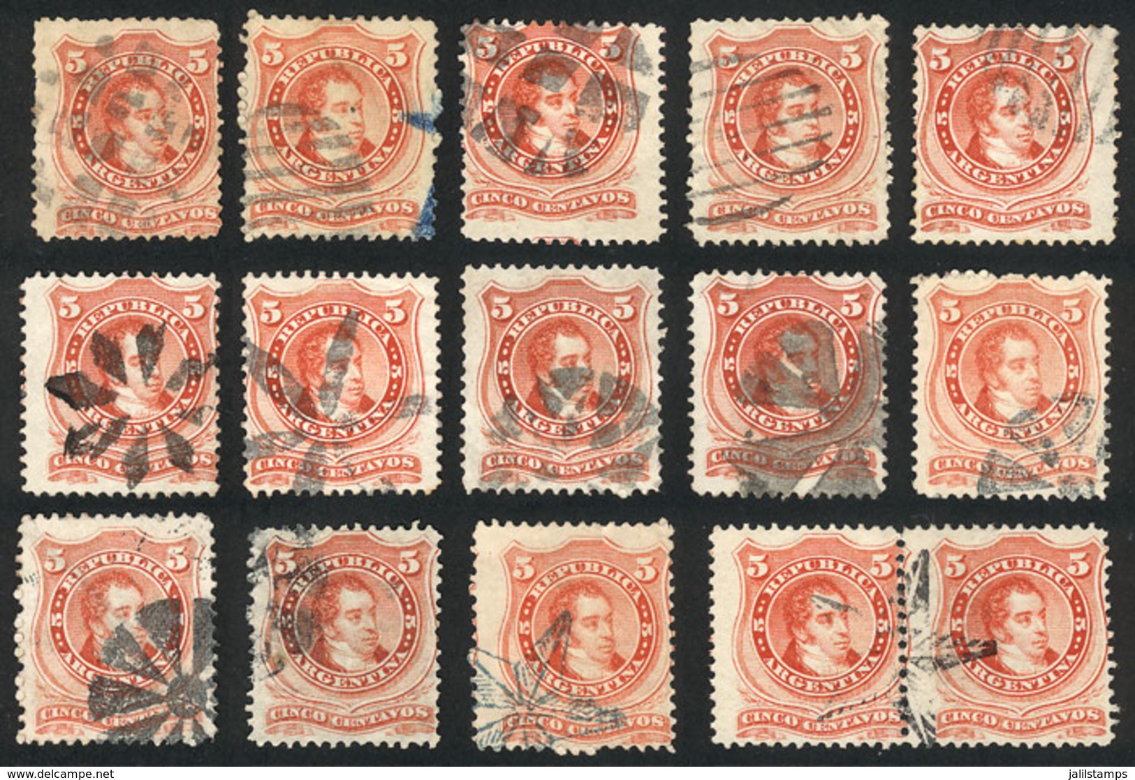 ARGENTINA: GJ.38, 13 Singles + 1 Pair With Mute Cancels, Several Rare, Very Fine Quality, Very Interesting! - Otros & Sin Clasificación