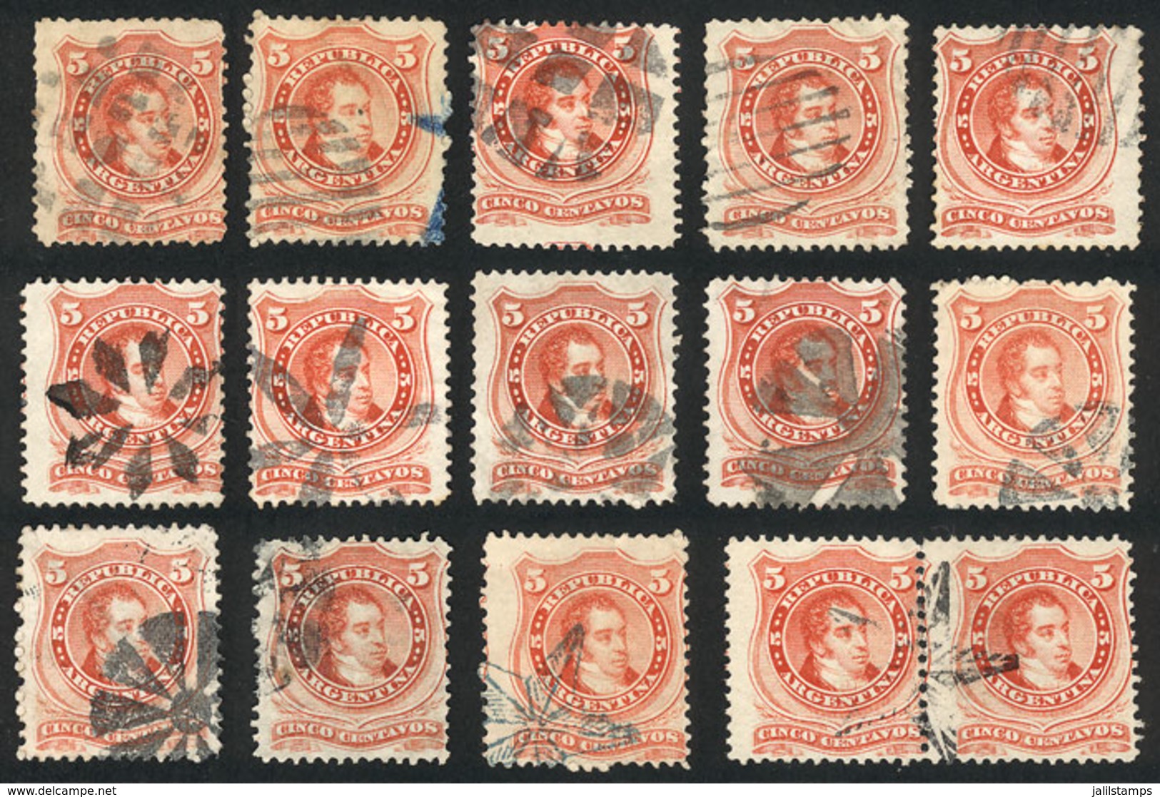 ARGENTINA: GJ.38, 13 Singles + 1 Pair With Mute Cancels, Several Rare, Very Fine Quality, Very Interesting! - Other & Unclassified