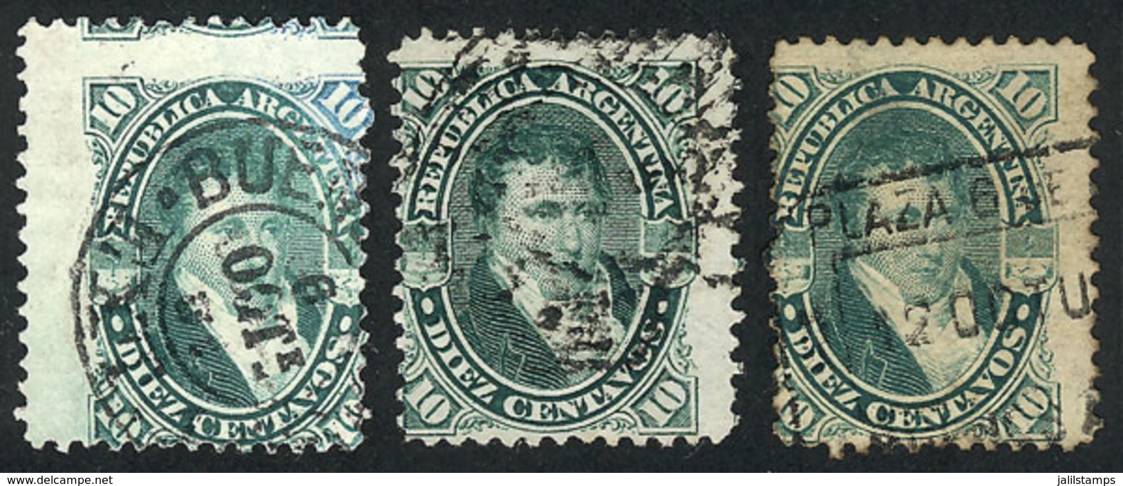 ARGENTINA: GJ.39 + 39a, Belgrano 10c., 3 Examples Printed On Normal (medium), Very Thin (rare) And Very Thick Papers (ra - Autres & Non Classés