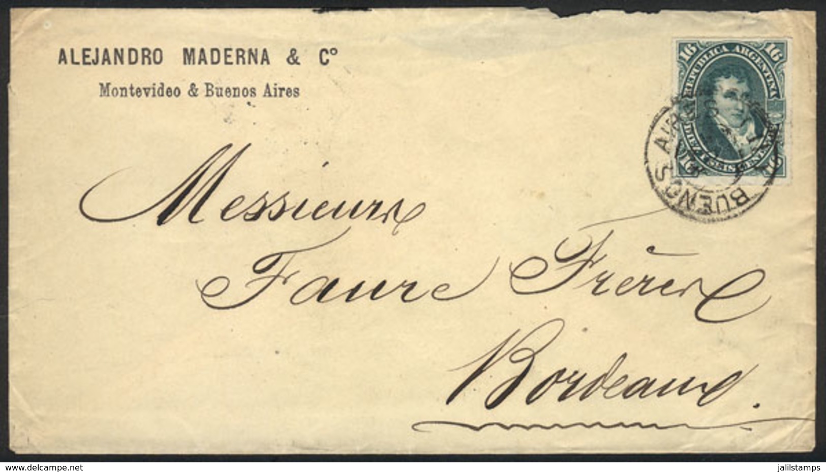 ARGENTINA: GJ.50, Belgrano 16c. Rouletted, Franking Alone A Cover Sent From Buenos Aires To France, VF Quality! - Autres & Non Classés