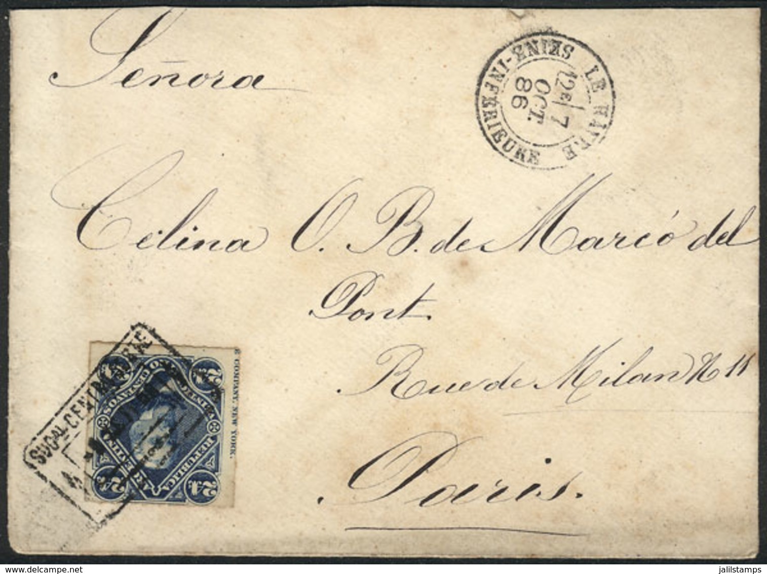 ARGENTINA: Cover Franked By GJ.52 ALONE, Sent From Buenos Aires To France On 9/SE/1886, With Rectangular "SUCURSAL CENTR - Otros & Sin Clasificación