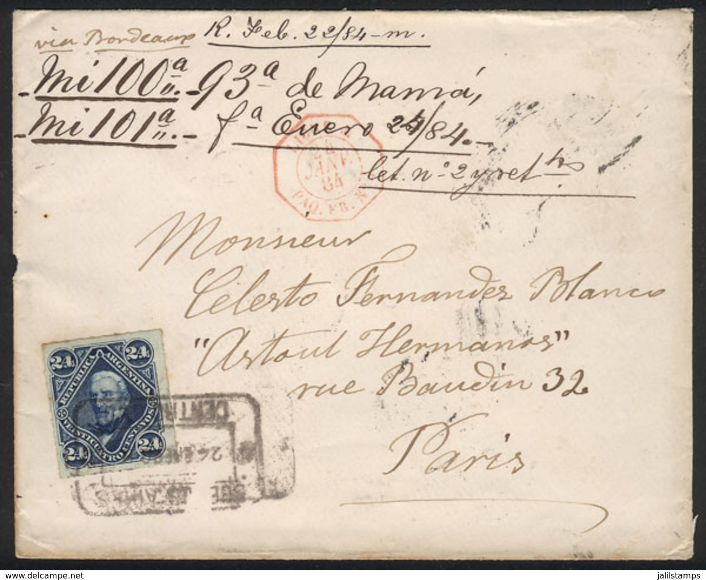 ARGENTINA: GJ.52, San Martín 24c. Rouletted, Franking Alone A Cover Sent From Buenos Aires To Paris On 24/JA/1884, VF Qu - Other & Unclassified