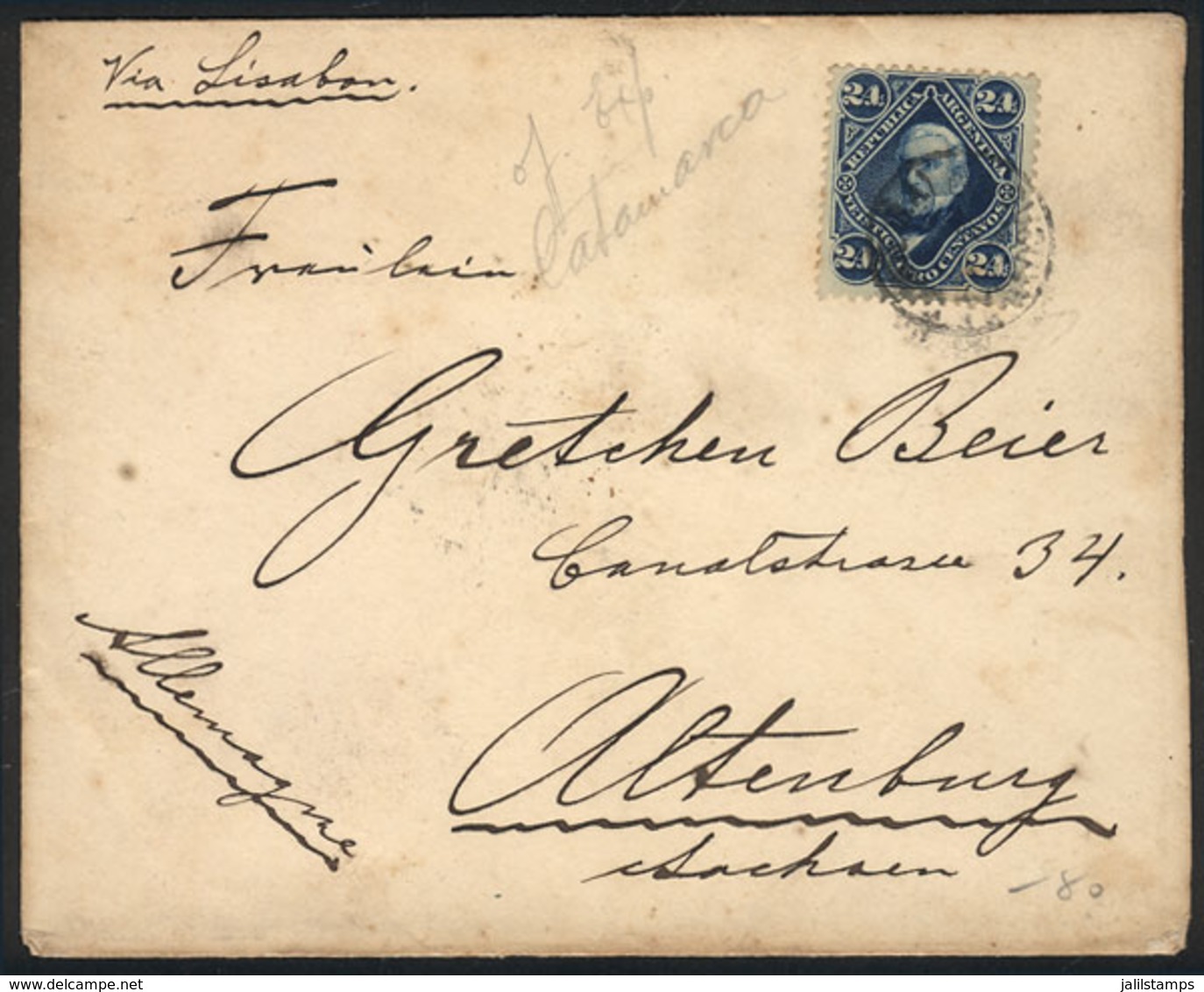 ARGENTINA: GJ.55, San Martín 24c. Franking ALONE A Cover Sent From CATAMARCA To Germany In 1888, VF Quality! - Other & Unclassified
