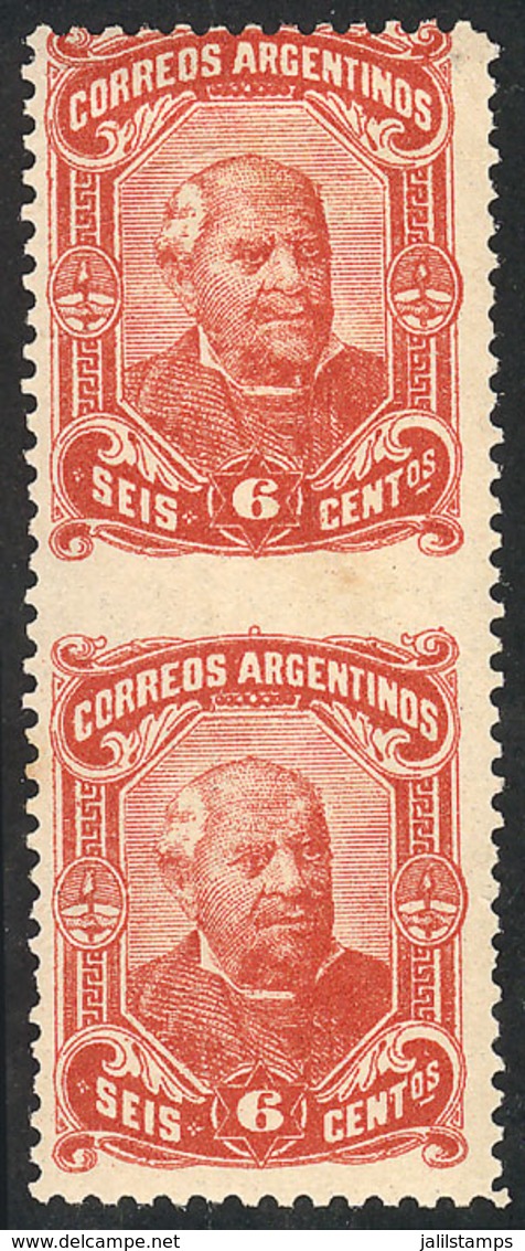 ARGENTINA: GJ.86PH, 6c. Sarmiento, Pair IMPERFORATE BETWEEN, Mint Lightly Hinged, Excellent Quality, Rare! - Other & Unclassified