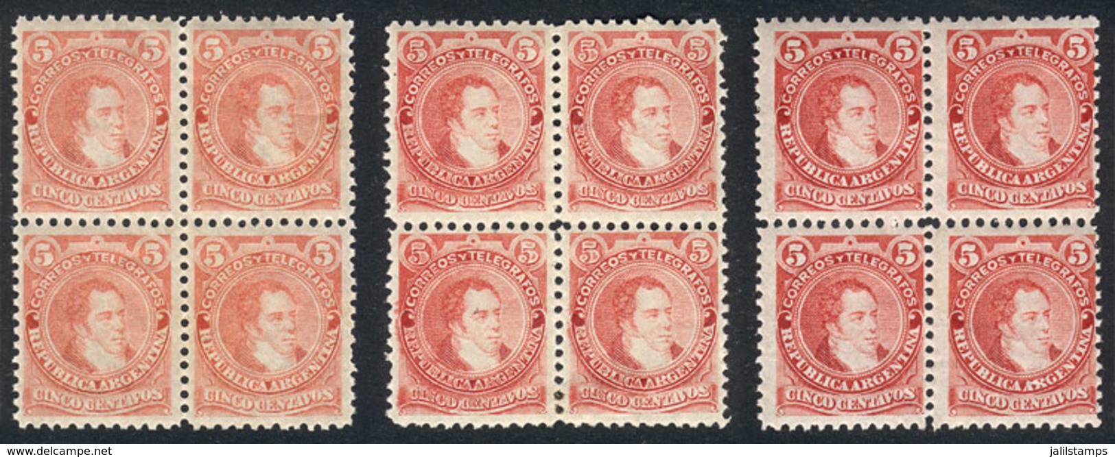 ARGENTINA: GJ.105, 1889 5c. Rivadavia Type I (large Head), 3 Blocks Of 4 In VERY DIFFERENT SHADES, VF! - Autres & Non Classés