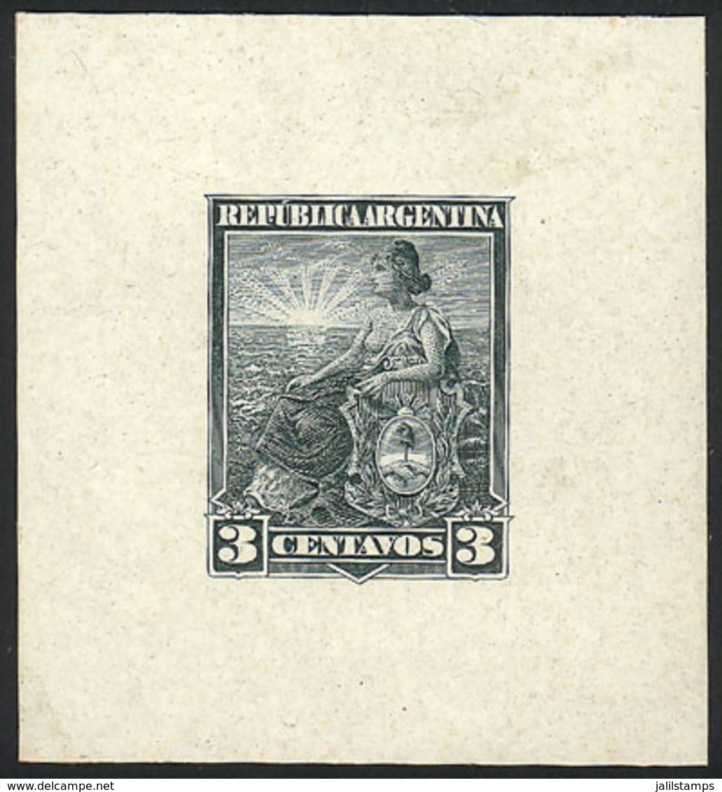 ARGENTINA: GJ.220, 3c. Liberty, Die Proof Printed On Card With Glazed Front, In Greenish Gray, Excellent Quality, Rare! - Sonstige & Ohne Zuordnung