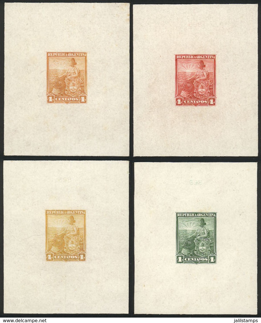 ARGENTINA: GJ.221, 4c. Liberty, Die Proofs (WITH Printing Number 698) Printed On Card With Glazed Front, In Green, Red,  - Andere & Zonder Classificatie