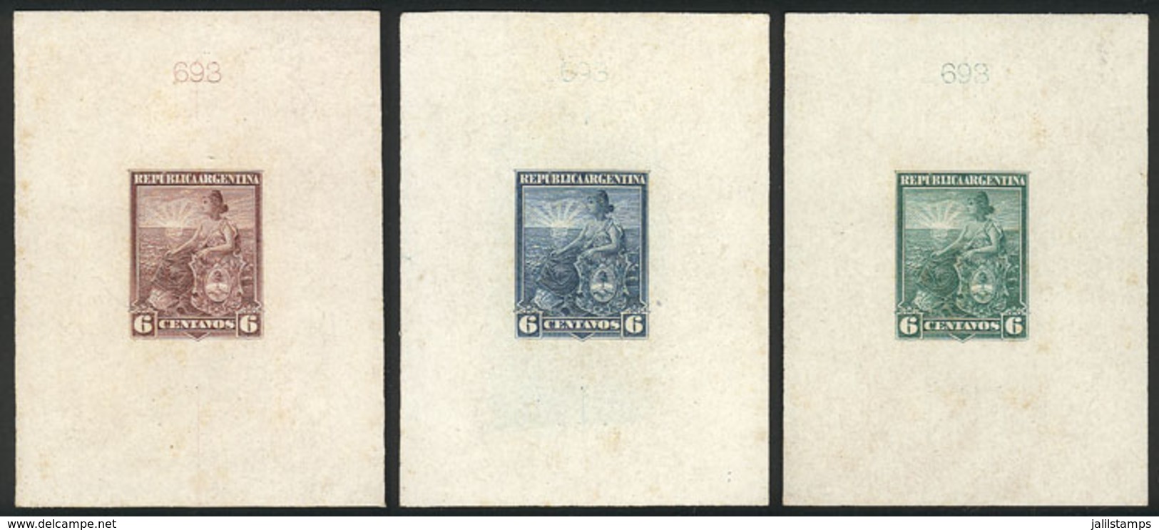 ARGENTINA: GJ.223, 6c. Liberty, Die Proofs (WITH Printing Number 693) Printed On Card With Glazed Front, In Green, Gray- - Andere & Zonder Classificatie