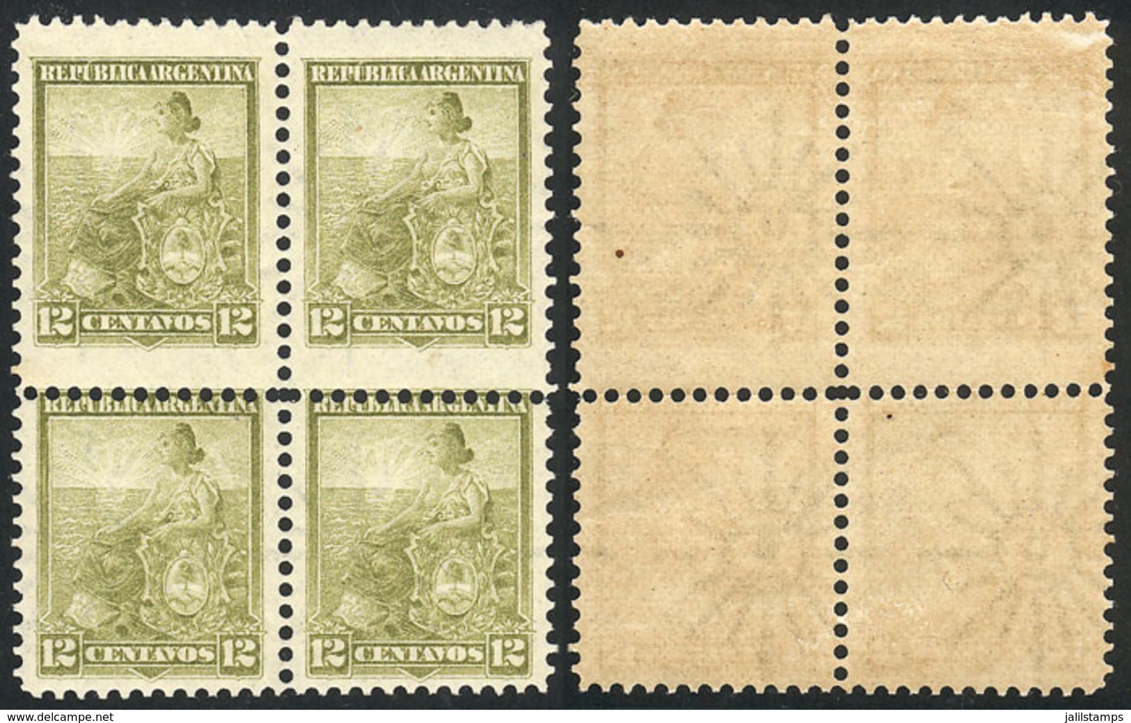 ARGENTINA: GJ.226, 1899 Liberty 12c. Olive Green, Block Of 4 With VARIETY: Horizontal Perforation With Downward Shift, P - Andere & Zonder Classificatie