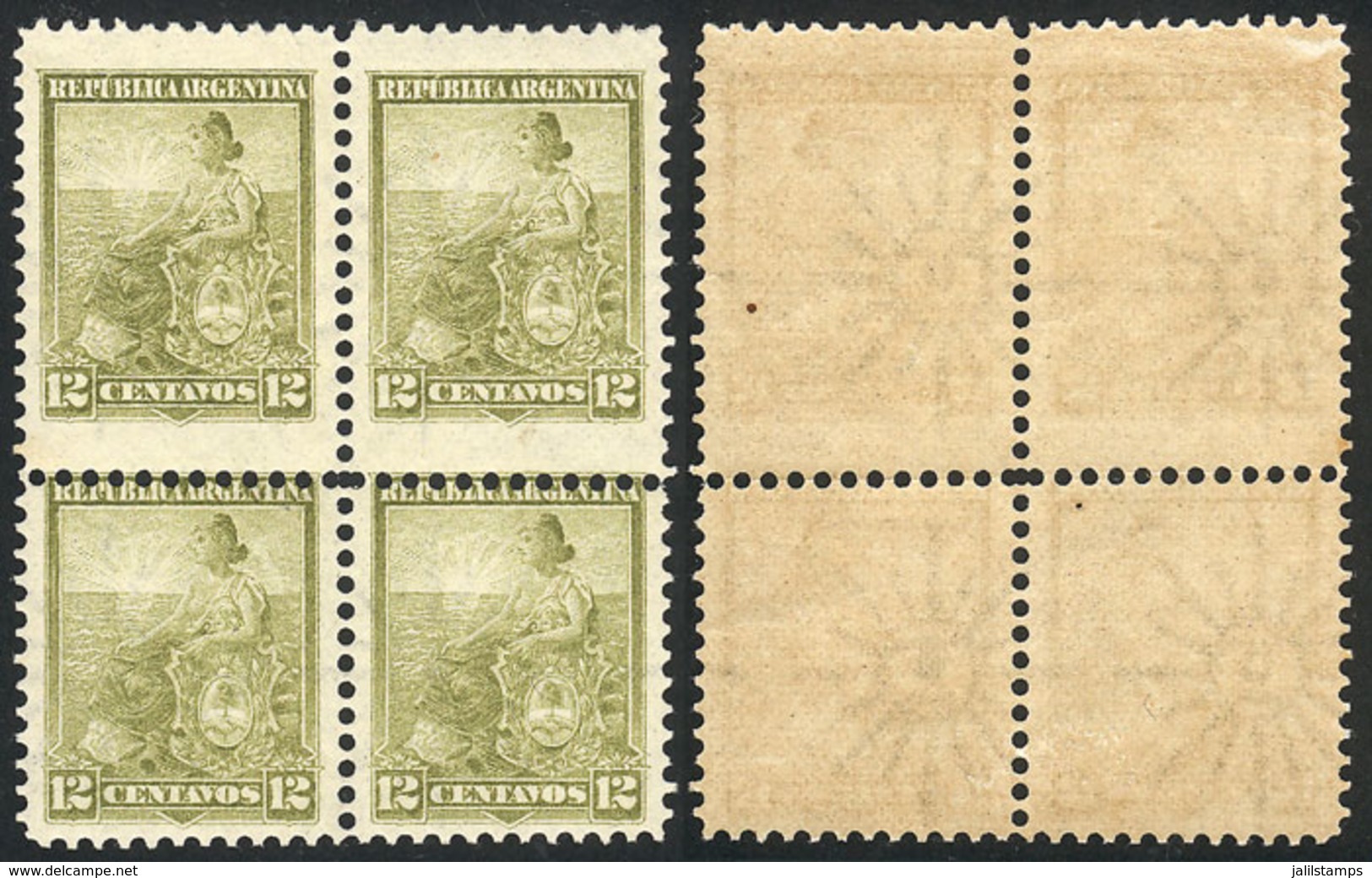 ARGENTINA: GJ.226, 1899 Liberty 12c. Olive Green, Block Of 4 With VARIETY: Horizontal Perforation With Downward Shift, P - Other & Unclassified