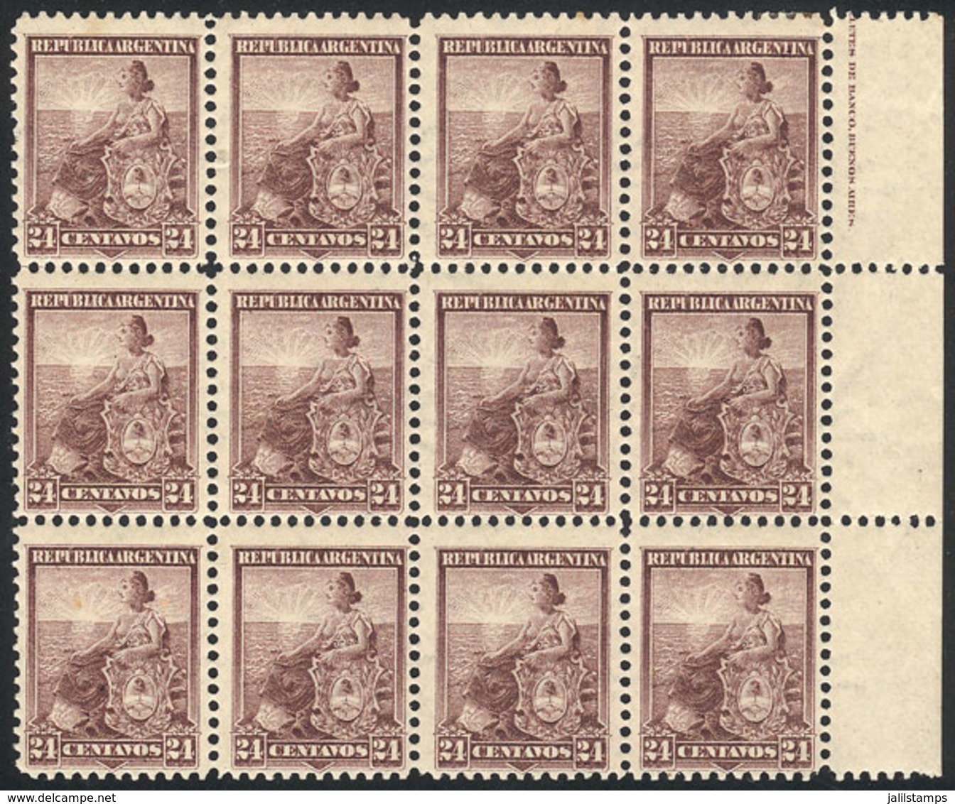 ARGENTINA: GJ.230, 1899 Seated Liberty 24c. Lilac, Fantastic Block Of 12 Stamps, MNH, Sheet Margin With Printer Imprint, - Sonstige & Ohne Zuordnung