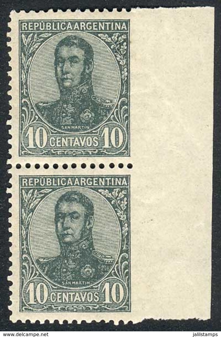 ARGENTINA: GJ.282, 1908 10c. San Martín In Oval, Pair With Variety: IMPERFORATE At Right, Excellent Quality, Extremely R - Sonstige & Ohne Zuordnung