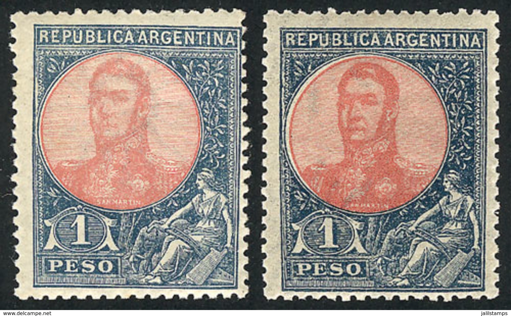ARGENTINA: GJ.299, 1908 1P. San Martín In Oval, 2 Examples In Light Blue And Dark Blue, Excellent Quality (one Very Ligh - Other & Unclassified