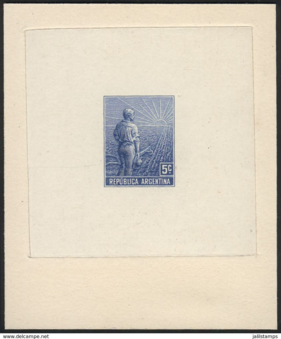 ARGENTINA: GJ.317, 1911 Plowman 5c., DIE PROOF In Blue WITHOUT Printer Imprint Or Printing Number (unadopted And Not Lis - Autres & Non Classés