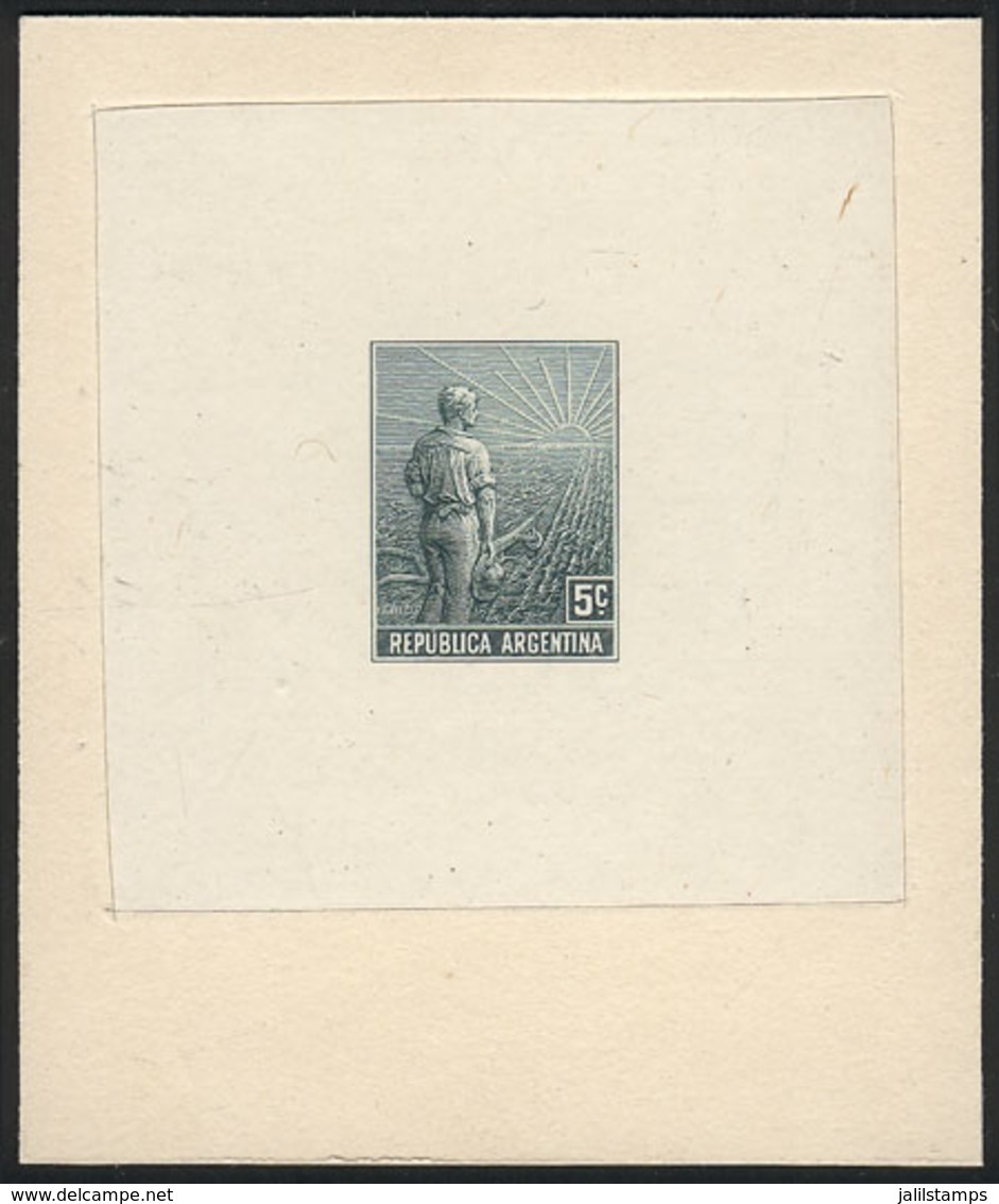 ARGENTINA: GJ.317, 1911 Plowman 5c., DIE PROOF In Dark Green WITHOUT Printer Imprint Or Printing Number (unadopted And N - Sonstige & Ohne Zuordnung