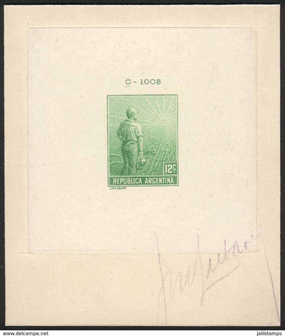 ARGENTINA: GJ.318, 1911 Plowman 12c., DIE PROOF In Yellow-green (not Listed By Kneitschel In His 1958 Catalog) And With  - Sonstige & Ohne Zuordnung