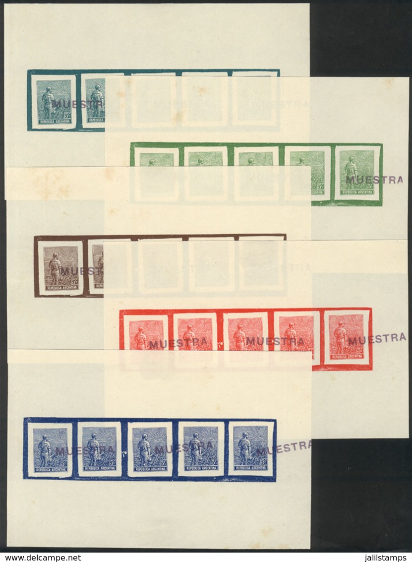 ARGENTINA: GJ.323, 1911 5c. Plowman, PROOF, Strip Of 5 Examples Over A Colored Background Printed On Paper, With MUESTRA - Andere & Zonder Classificatie