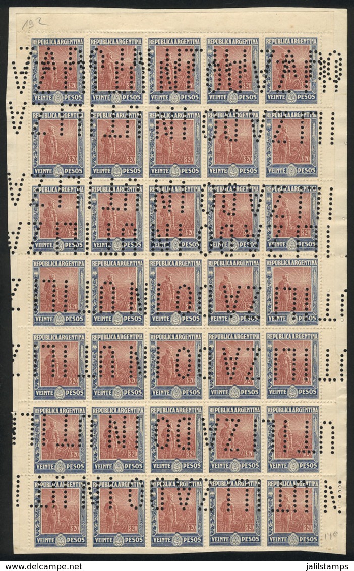 ARGENTINA: GJ.362O, 1912 20P. Plowman, Block Of 35 Examples On A Document Sheet With Invalidating "INUTILIZADO" Perforat - Sonstige & Ohne Zuordnung