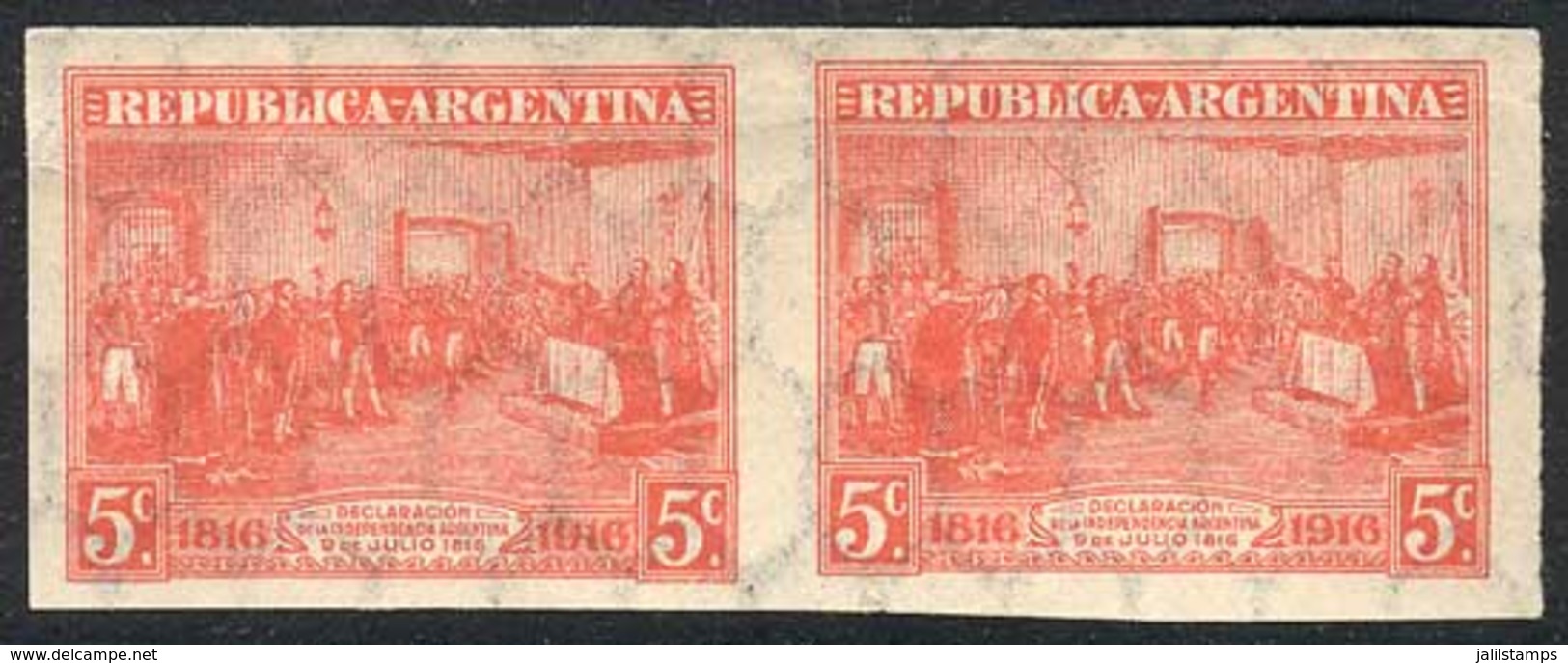 ARGENTINA: GJ.403P, 1916 5c. Centenary Of Independence, Rare IMPERFORATE PAIR! - Otros & Sin Clasificación