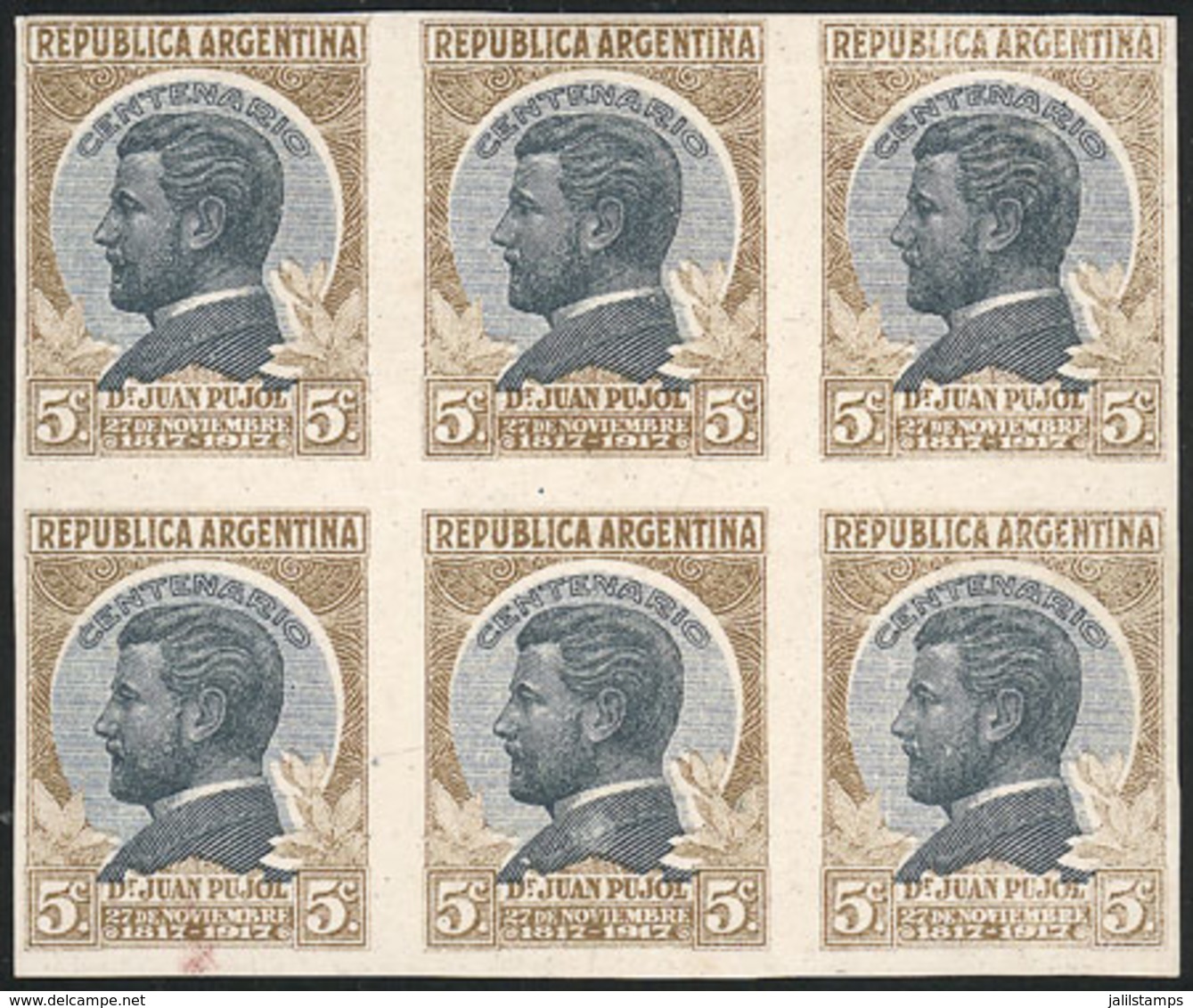 ARGENTINA: GJ.456, 1918 Centenary Of Dr. Juan Pujol, TRIAL COLOR PROOF  Printed On Card Glazed On Both Sides, Block Of 6 - Otros & Sin Clasificación