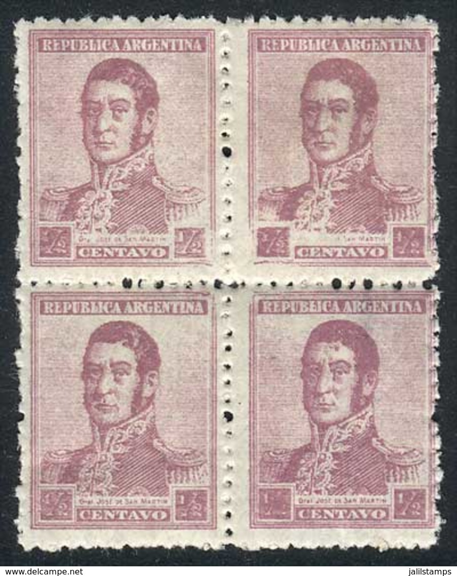 ARGENTINA: GJ.457, ½c. San Martín Unwatermarked Printed On Dutch Paper, Block Of 4 With "very Worn Plate And Retouches"  - Sonstige & Ohne Zuordnung