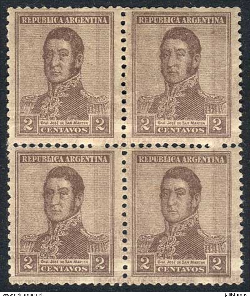 ARGENTINA: GJ.459b, 1918 2c. San Martín Unwatermarked, Block Of 4 With Variety: DOUBLE IMPRESSION, One Faint, VF, Catalo - Sonstige & Ohne Zuordnung