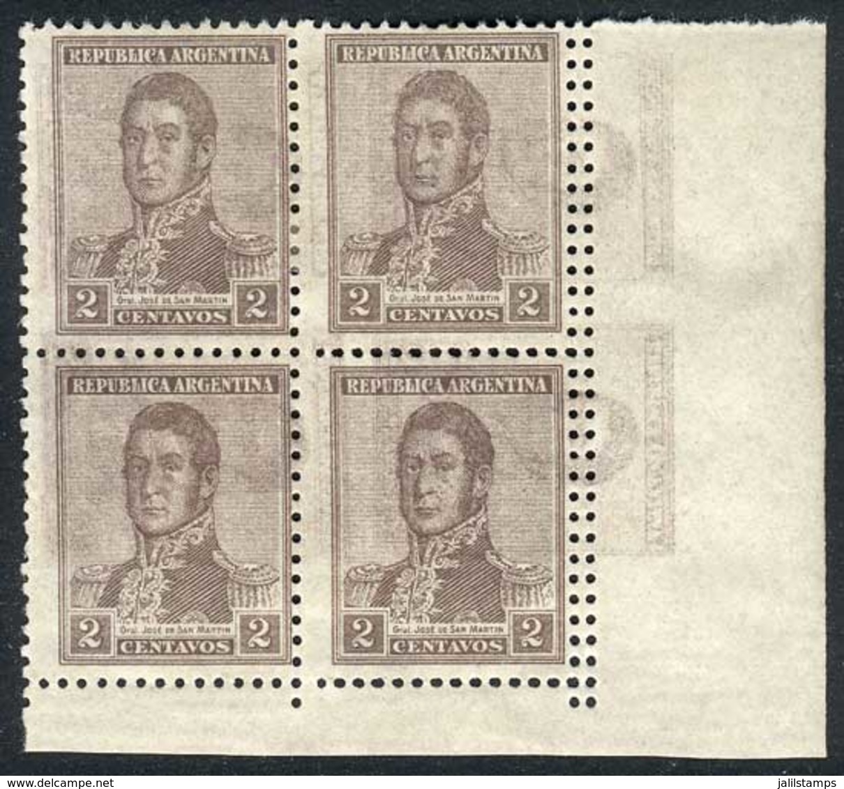 ARGENTINA: GJ.459, 1918 2c. San Martín Watermarked, Corner Block Of 4 With Varieties: Double Vertical Perforation And DO - Autres & Non Classés