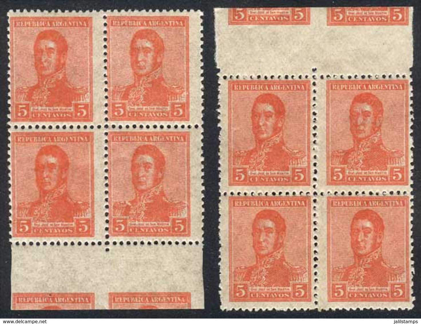 ARGENTINA: GJ.462, 1918 5c. San Martín Unwatermarked, 2 Blocks Of 4 With Sheet Margin At Top And Bottom, With Partial Im - Sonstige & Ohne Zuordnung