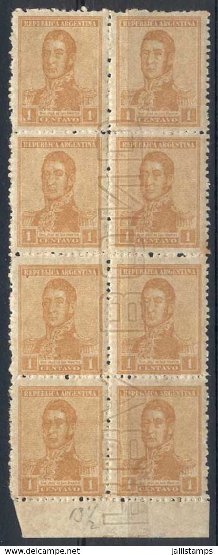 ARGENTINA: GJ.477, 1918 1c. San Martín With Watermark SERRA BOND, Block Of 8 With Almost Complete Watermark (only Missin - Other & Unclassified