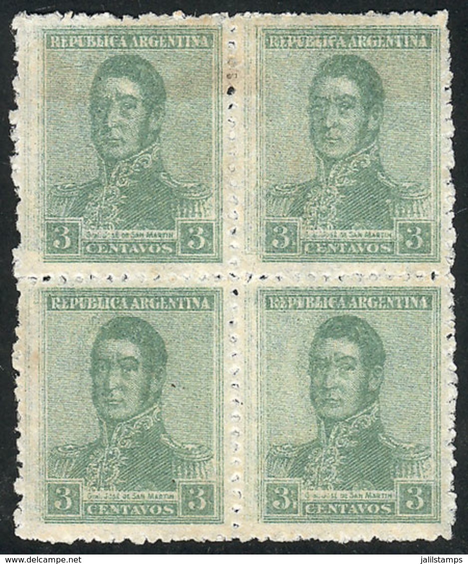 ARGENTINA: GJ.503a, 3c. San Martín, Block Of 4 With Notable Complete DOUBLE IMPRESSION, Mint No Gum, VF And Very Rare! - Autres & Non Classés