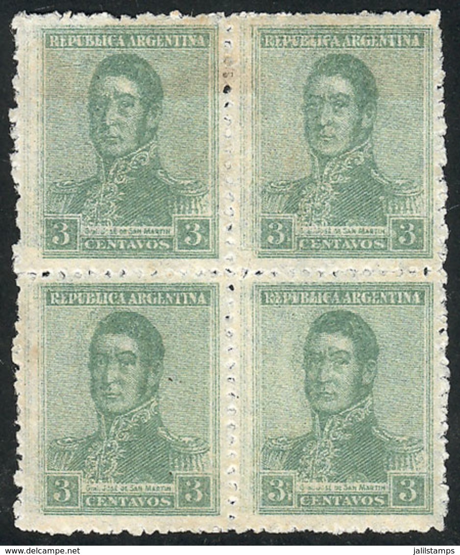 ARGENTINA: GJ.503a, 3c. San Martín, Block Of 4 With Notable Complete DOUBLE IMPRESSION, Mint No Gum, VF And Very Rare! - Sonstige & Ohne Zuordnung