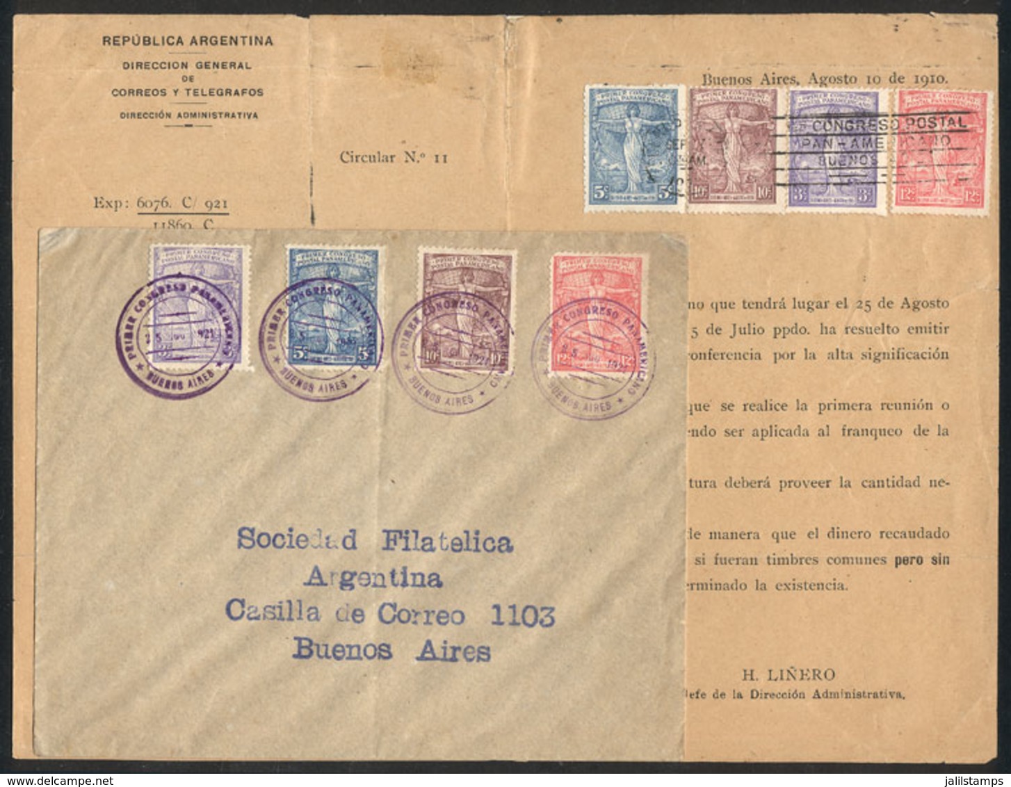 ARGENTINA: GJ.258/262, 1921 1st Pan-American Postal Congress, Cmpl. Set Of 4 Values On Cover With Violet Postmark Of The - Sonstige & Ohne Zuordnung