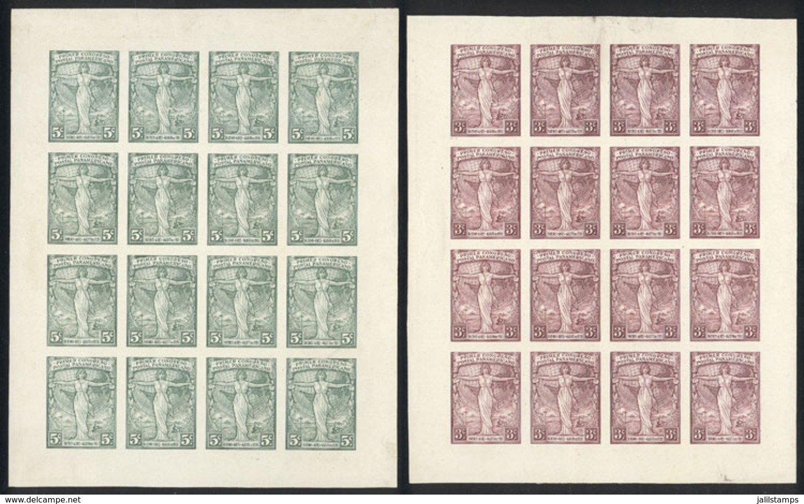 ARGENTINA: GJ.529 + 530, 1921 3c. And 5c. 1st Pan-American Postal Congress, Trial Color Proofs, Complete Sheets Of 16 Va - Otros & Sin Clasificación