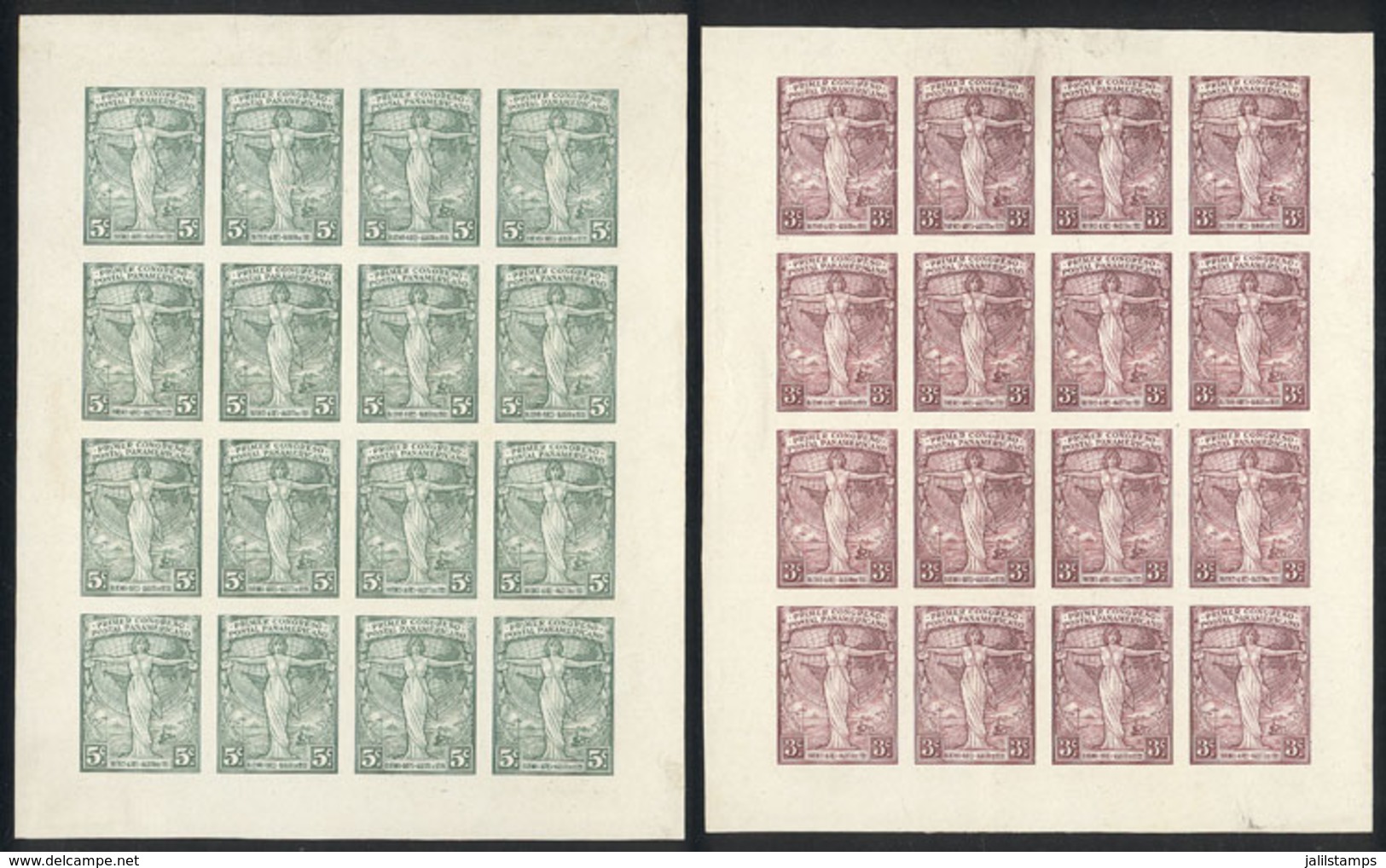 ARGENTINA: GJ.529 + 530, 1921 3c. And 5c. 1st Pan-American Postal Congress, Trial Color Proofs, Complete Sheets Of 16 Va - Other & Unclassified