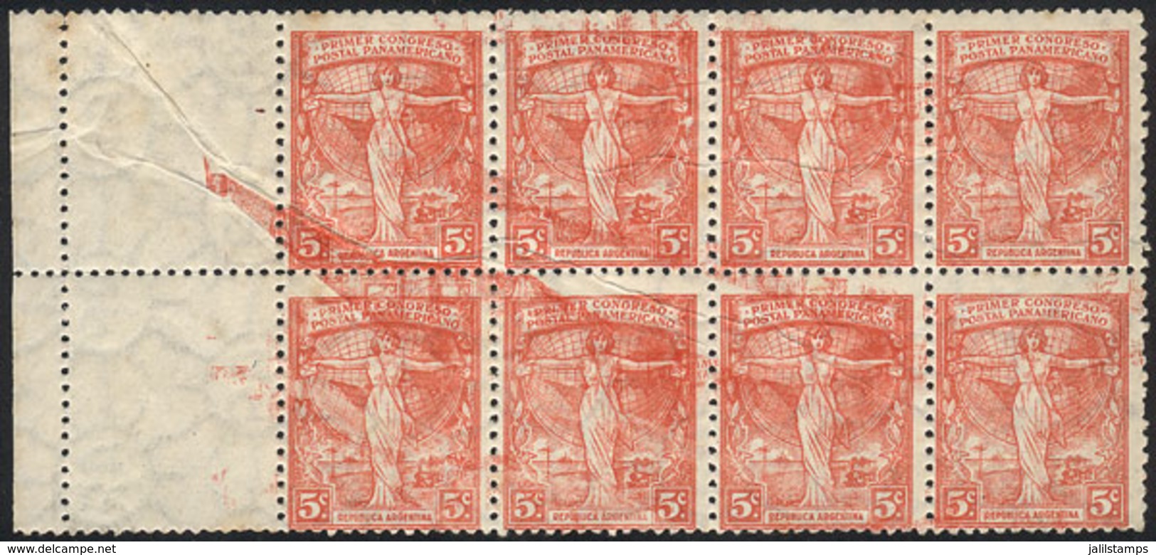 ARGENTINA: GJ.539 + 539CZ + 539a, 1921 Pan-American Postal Congress, Block Of 8 Stamps + 2 White Labels At Left, With Ma - Otros & Sin Clasificación