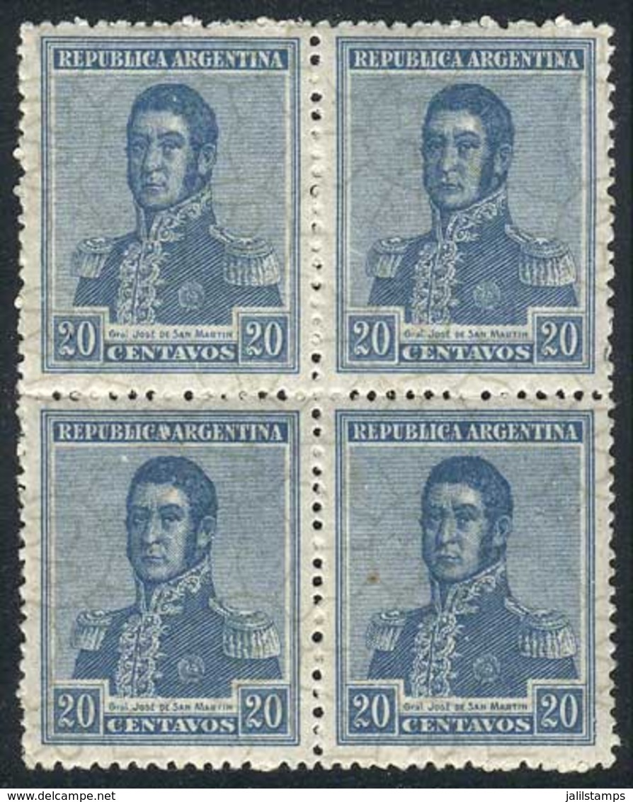 ARGENTINA: GJ.561, 1923 20c. San Martín With Watermark Printed On Front, Block Of 4 With THICK PAPER Variety, Mint Never - Andere & Zonder Classificatie