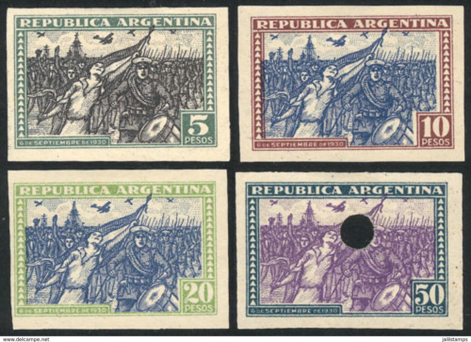 ARGENTINA: GJ.691/694, 1930 Revolution, PROOFS Of The 4 High Values In The Issued Colors, Imperforate, The 50P. With Pun - Otros & Sin Clasificación