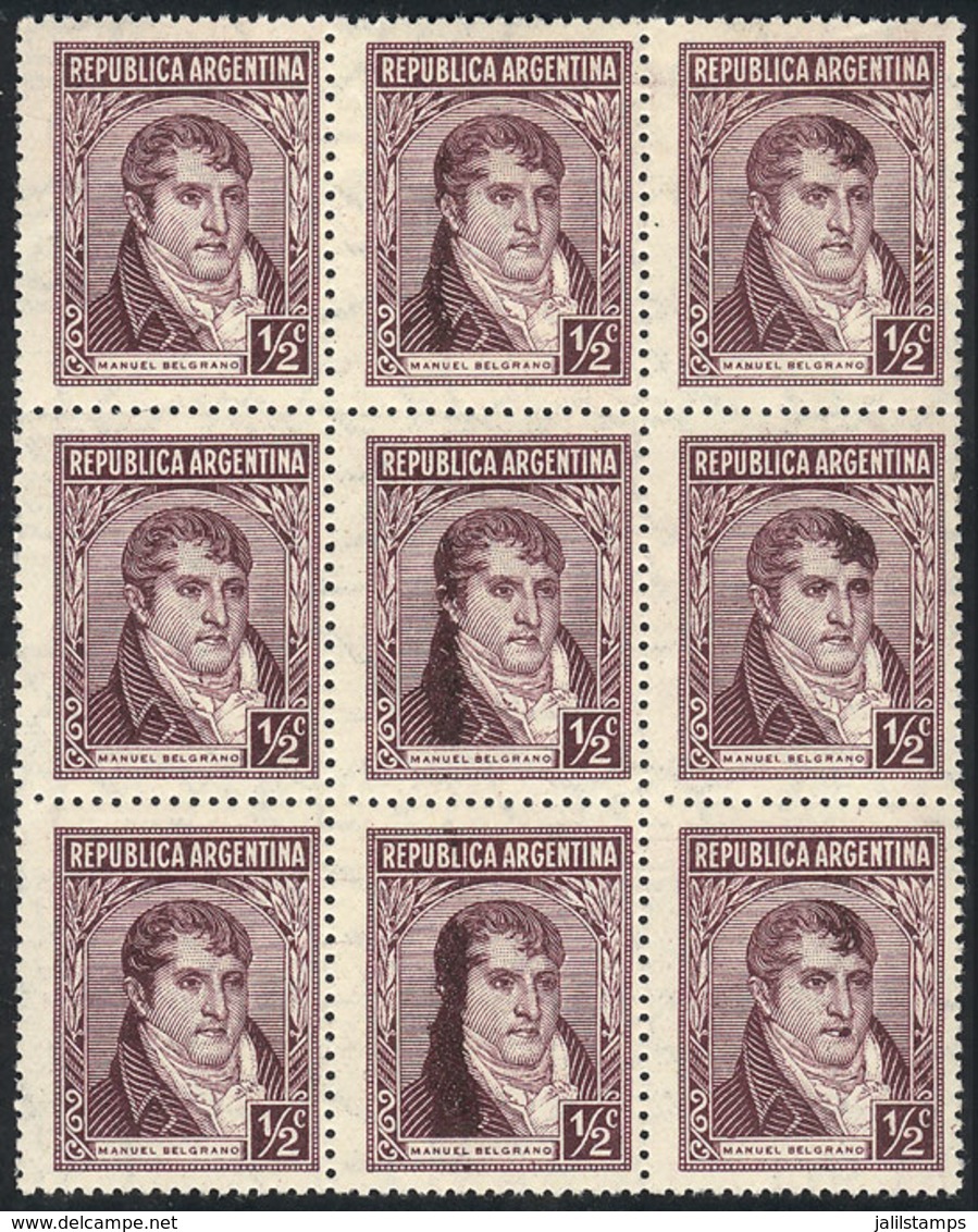 ARGENTINA: GJ.736, 1935 ½c. Belgrano, Block Of 9 Examples, All With Interesting Spots Due To Excess Ink, Spectacular, Ex - Sonstige & Ohne Zuordnung